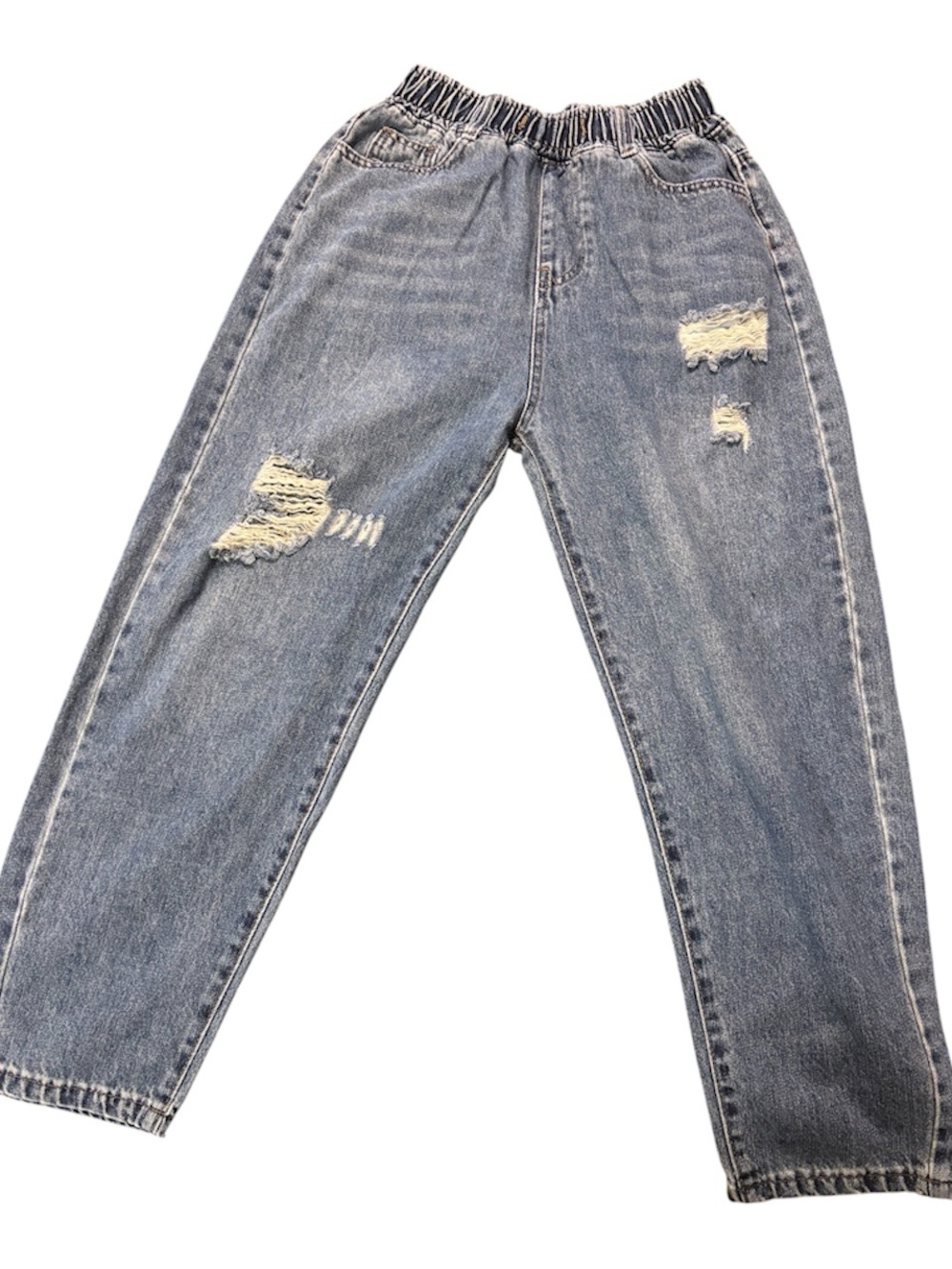 Blue Distressed Elastic-Waist Jeans
